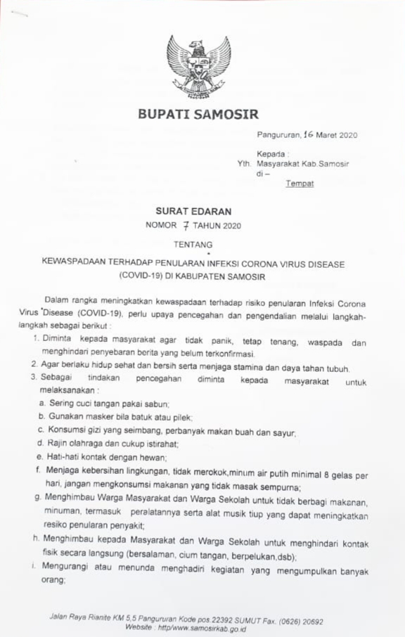 Pemkab Samosir Keluarkan Surat Edaran Cegah Penularan Virus Corona