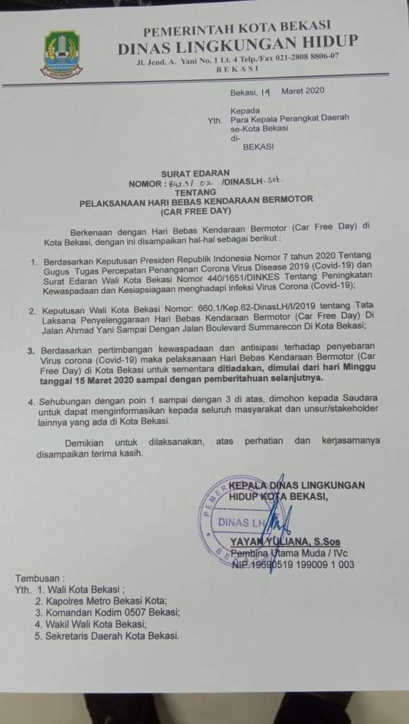 Antisipasi Dan Pencegahan Virus Corona, Bekasi Night Festival Ditunda dan Car Free Day (CFD) Di Bekasi Ditiadakan Sementara