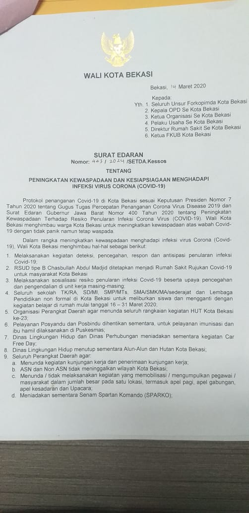 Walikota Bekasi Mengeluarkan Surat Edaran Peningkatan Kewaspadaan Dan Kesiap Siagaan Menghadapi Virus Corona ( COVID – 19)