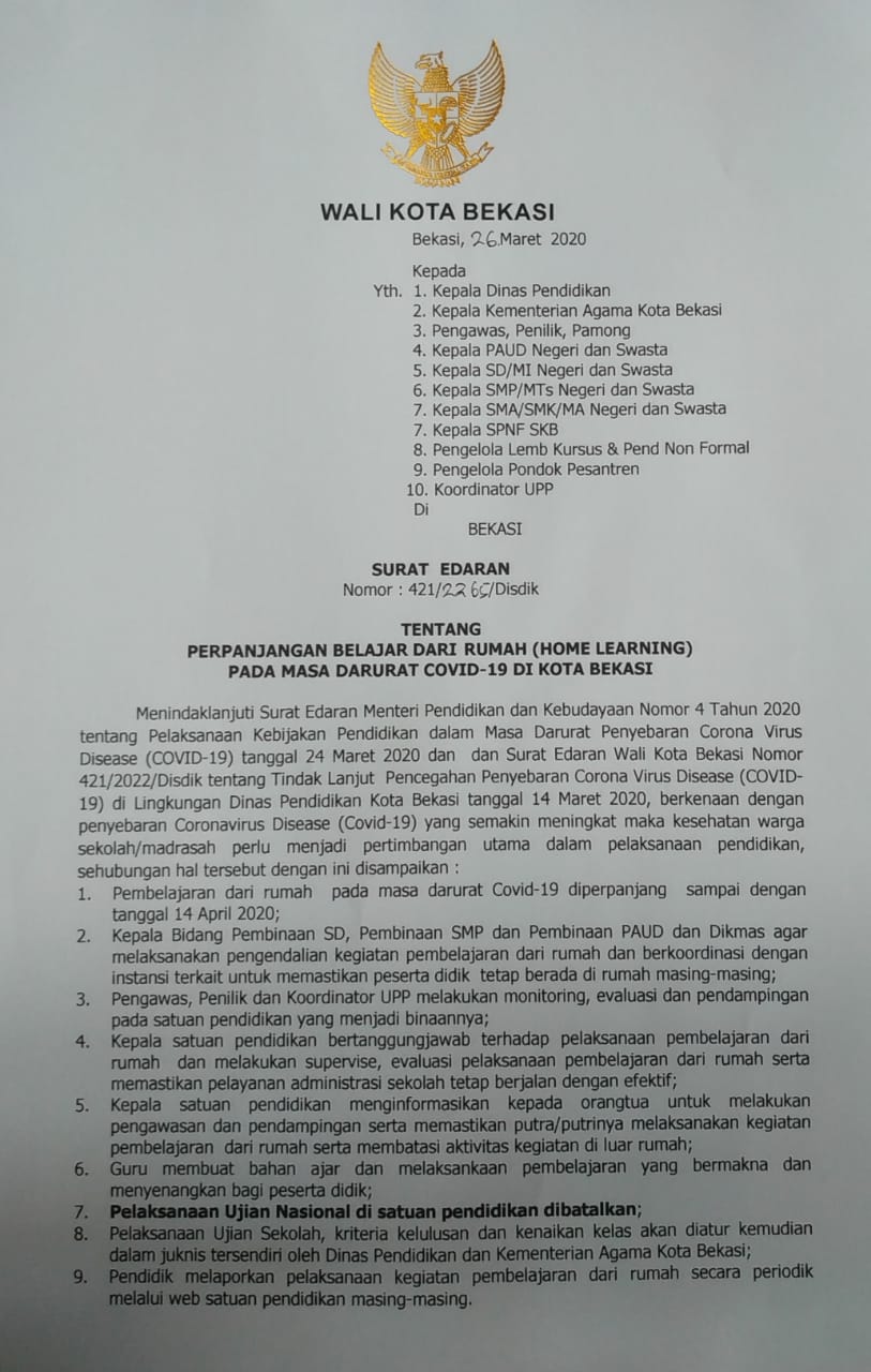 Tanggap Darurat Virus Corona, Pemerintah Kota Bekasi Memperpanjang Masa Belajar Di rumah (Home Learning)