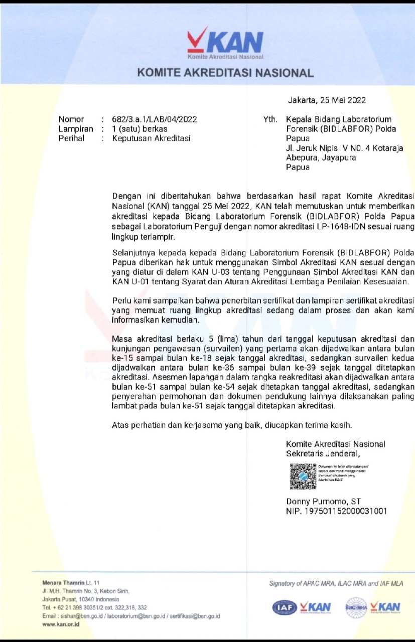 Bidang Laboratorium Forensik Polda Papua Sukses Mendapat Sertifikasi Dari KAN