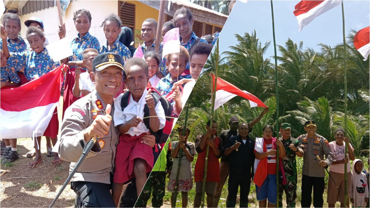 Bupati Merauke Bersama Kapolres Bagikan Bendera Merah Putih di Distrik Okaba
