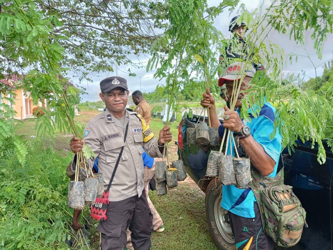 TNI-Polri Bagi-Bagi Baju dan 600 Bibit Pohon Senggon di Perbatasan Sota RI-PNG