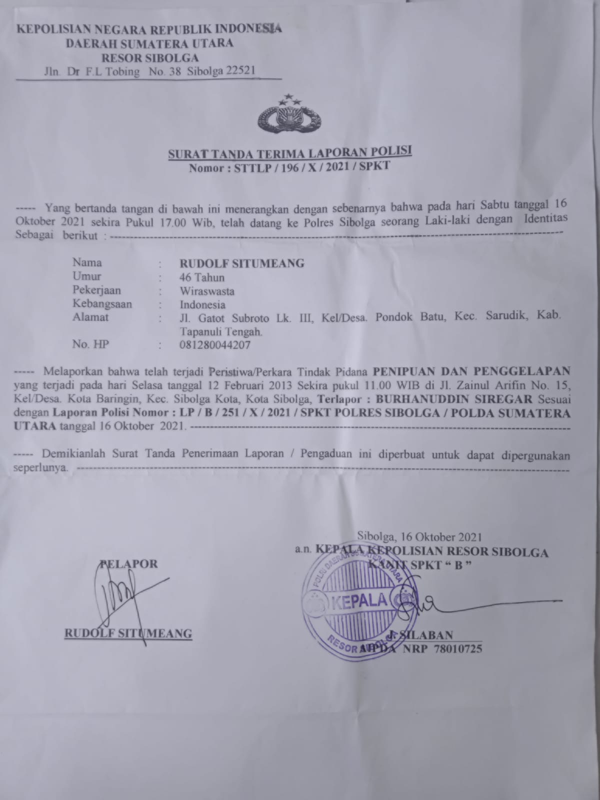 Kasus Penggelapan Cek Bank Sumut, Polres Sibolga Hentikan Penyidikan, Rudol Situmeang Tolak SP3