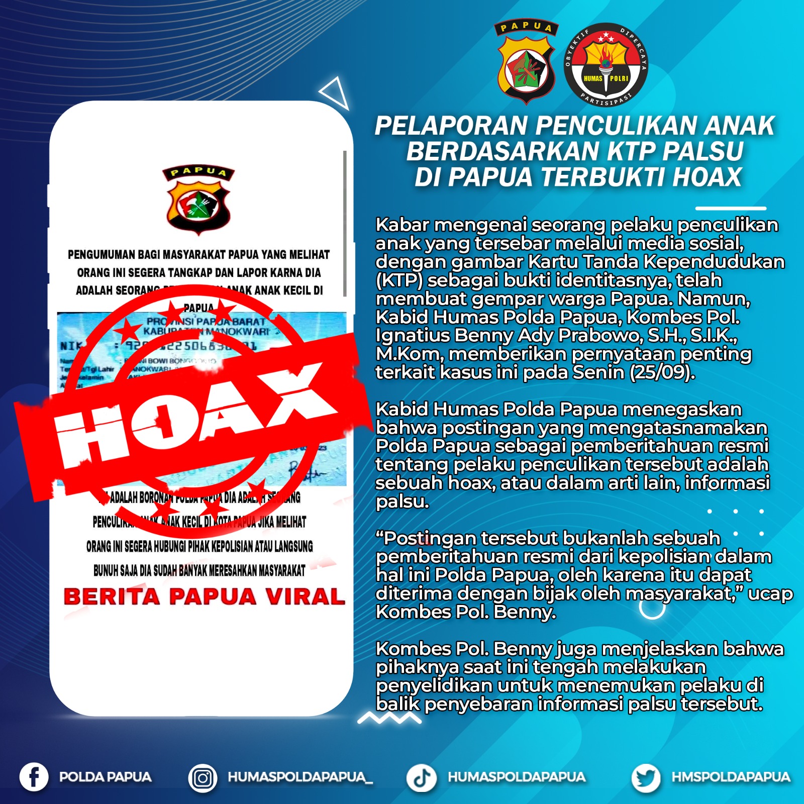 Pelaporan Penculikan Anak Berdasarkan KTP Palsu Di Papua Terbukti Hoax