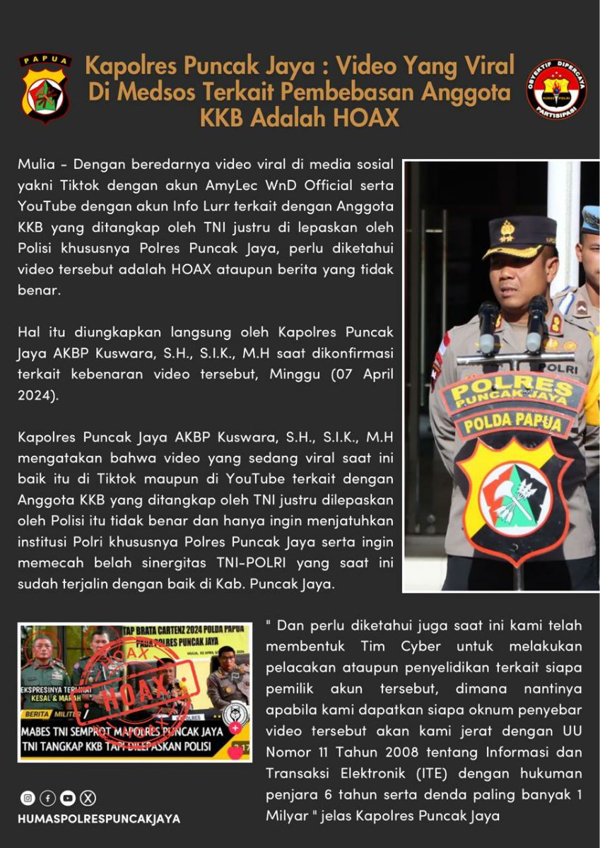 Kapolres Puncak Jaya : Video Yang Viral Di Medsos Terkait Pembebasan Anggota KKB Adalah HOAX