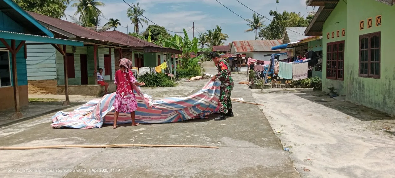 Menjaga Kualitas Hasil Panen, Babinsa Bantu Petani Jemur Padi.