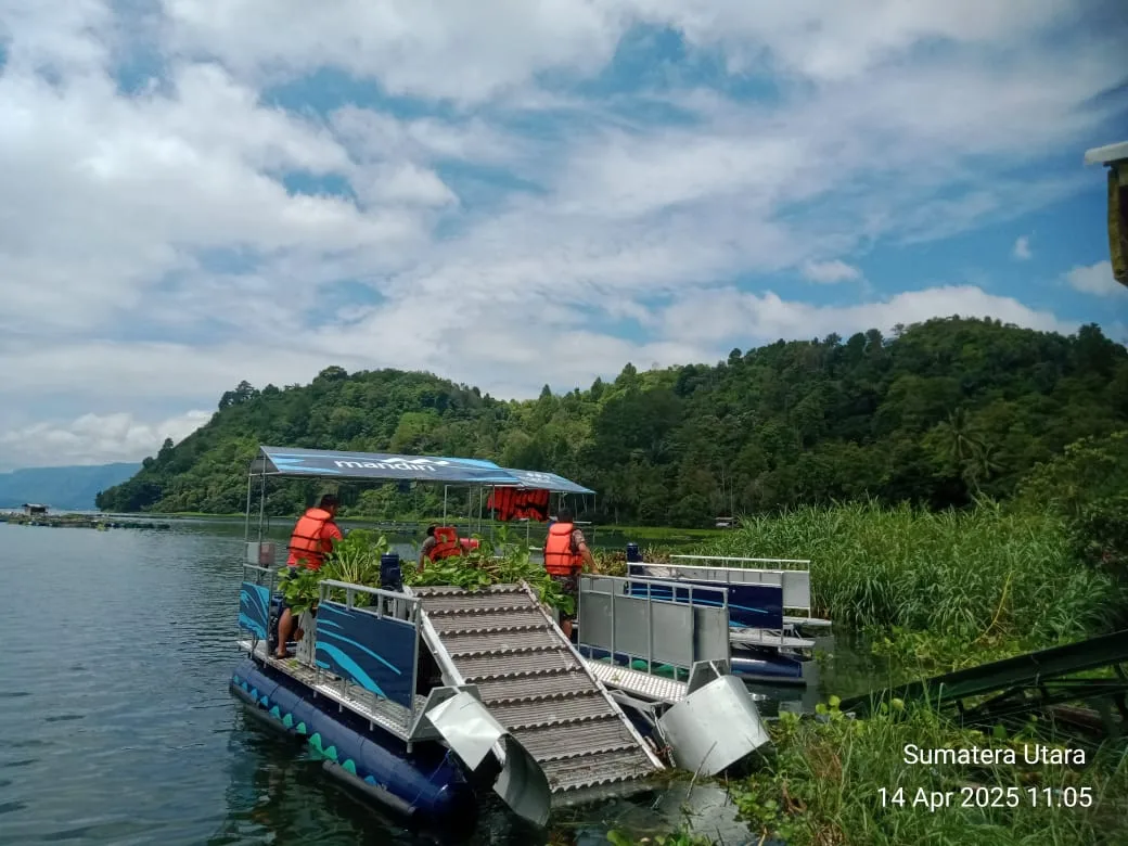 Aksi Nyata Kodim 0207/Simalungun, Kapal Pantom Diterjunkan Bersihkan Eceng Gondok di Danau Toba